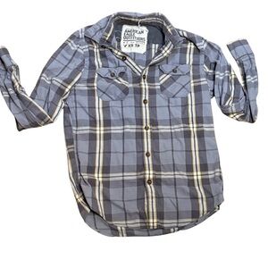 American Eagle Men’s XS Plaid Button Up Y2K Grunge Skate Shirt Gray‎ Yellow